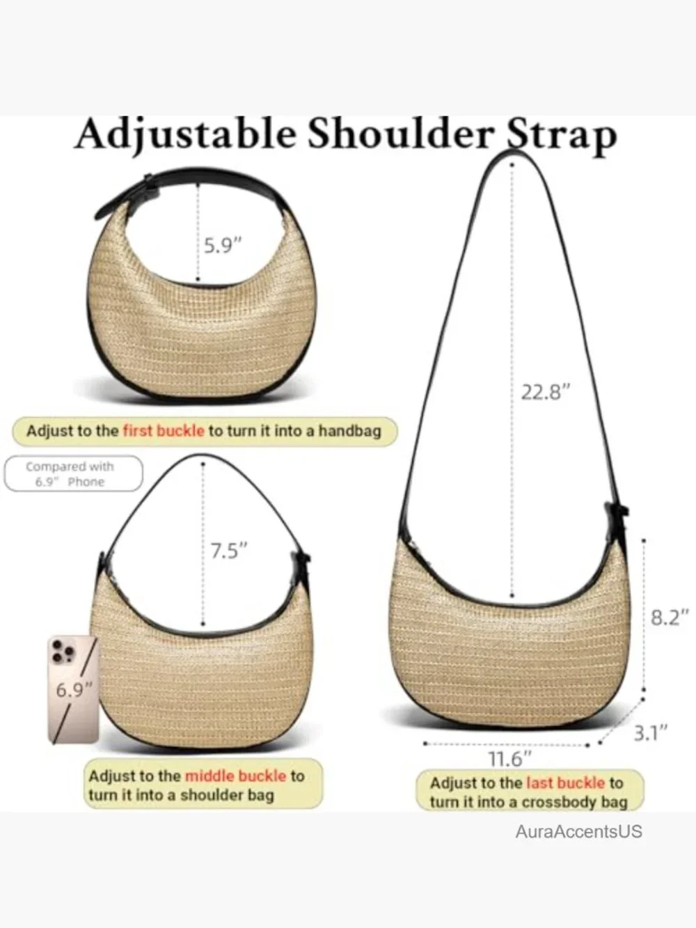 Straw Woven Hobo Crossbody Bag with Adjustable Strap Beach Chic